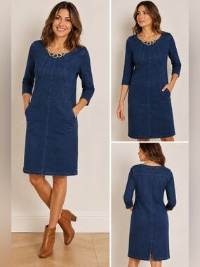 Boden Hannah Denim Dress Dark Wash Blue Stretch Cotton Shift Dress Size 14